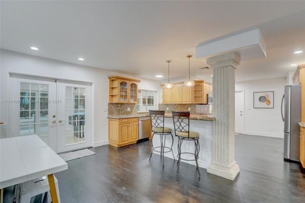 Interior, Kitchen, Pendant Lights, Recessed Lighting, Stainless Steel Appliances, Wood Texture Flooring