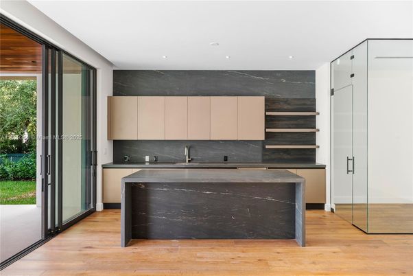 Interior, Kitchen, Marble Walls, Recessed Lighting, Wood Texture Flooring