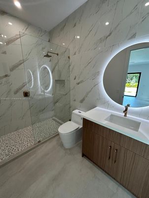 Bathroom, Glass Shower, Interior, Marble Walls, Recessed Lighting