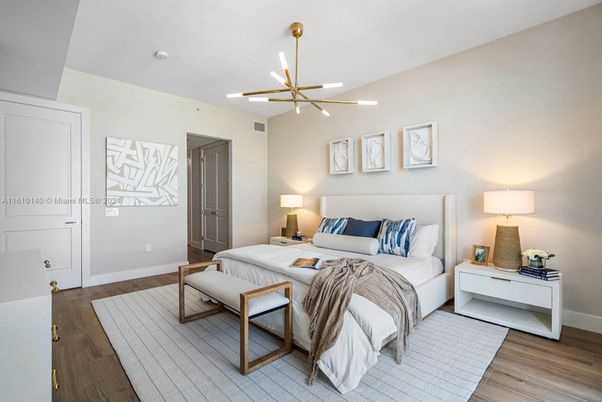 Bedroom, Interior, Pendant Lights, Wood Texture Flooring