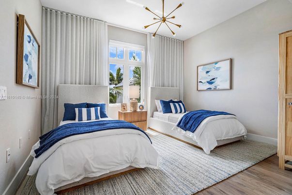 Bedroom, Interior, Pendant Lights, Wood Texture Flooring