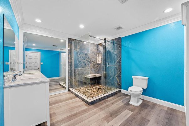 Bathroom, Glass Shower, Interior, Recessed Lighting, Wood Texture Flooring