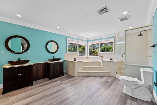 Bathroom, Glass Shower, Interior, Recessed Lighting, Wood Texture Flooring
