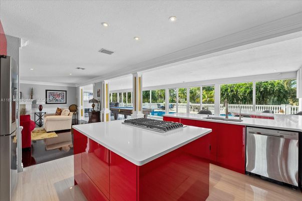 Interior, Kitchen, Living room, Recessed Lighting, Stainless Steel Appliances, Wood Texture Flooring