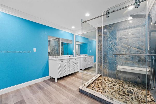 Bathroom, Glass Shower, Interior, Recessed Lighting, Wood Texture Flooring