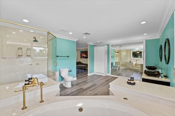 Bathroom, Glass Shower, Interior, Recessed Lighting, Wood Texture Flooring