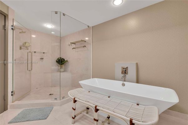 Bathroom, Free Standing Baths, Glass Shower, Interior, Recessed Lighting