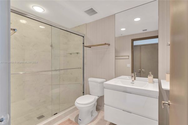 Bathroom, Glass Shower, Interior, Marble Walls, Recessed Lighting