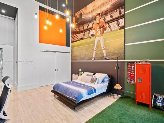 Bedroom, Interior, Pendant Lights, Wood Texture Flooring