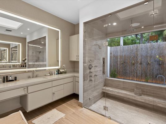 Bathroom, Dual Sink Vanities, Glass Shower, Interior, Recessed Lighting, Wood Texture Flooring