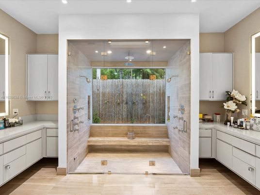 Bathroom, Glass Shower, Interior, Recessed Lighting, Wood Texture Flooring