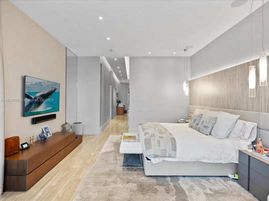 Bedroom, Interior, Pendant Lights, Recessed Lighting, Wood Texture Flooring