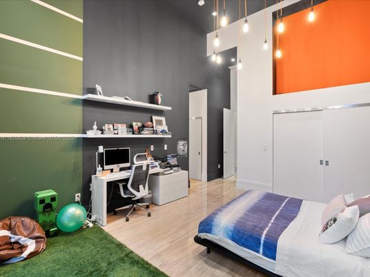 Bedroom, Home Office, Interior, Pendant Lights, Wood Texture Flooring