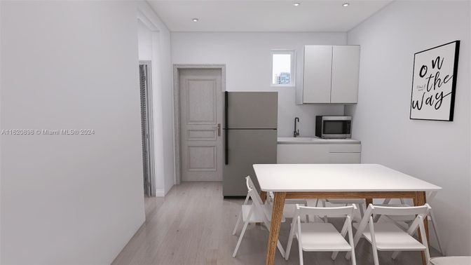 Dining room, Interior, Kitchen, Recessed Lighting, Wood Texture Flooring