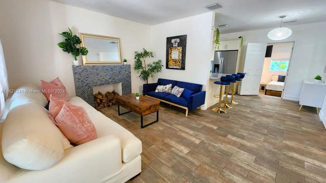 Fireplace, Interior, Kitchen, Living room, Pendant Lights, Wood Texture Flooring