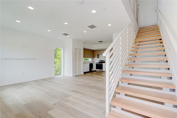 Interior, Kitchen, Recessed Lighting, Stainless Steel Appliances, Wood Texture Flooring