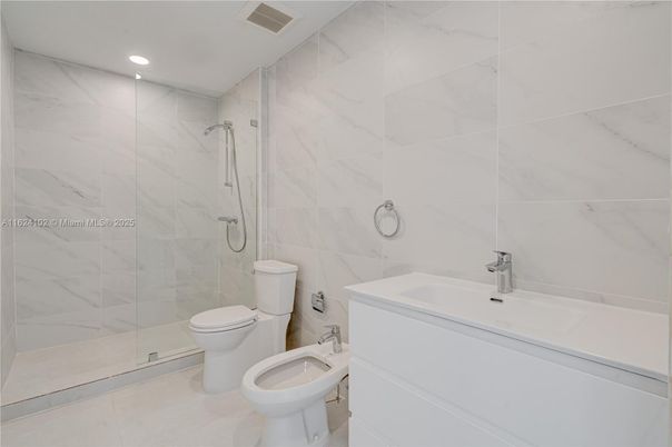 Bathroom, Glass Shower, Interior, Marble Walls, Recessed Lighting