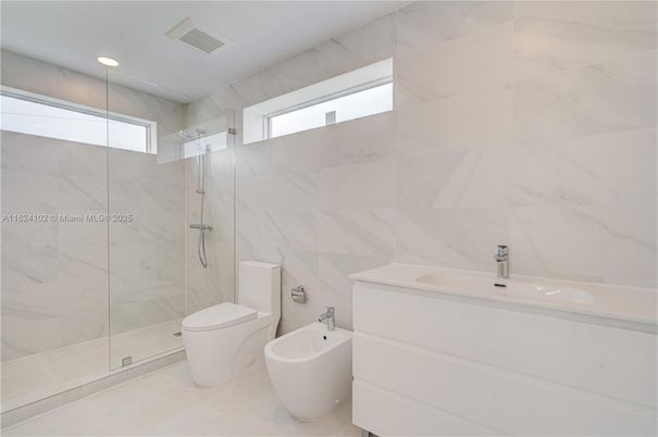 Bathroom, Glass Shower, Interior, Marble Walls, Recessed Lighting