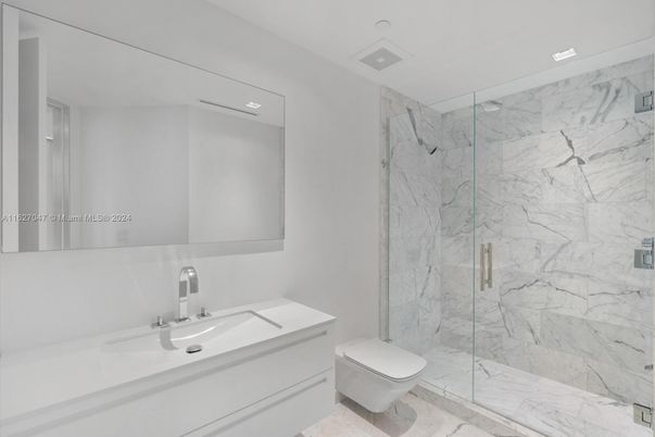Bathroom, Glass Shower, Interior, Marble, Marble Walls, Recessed Lighting