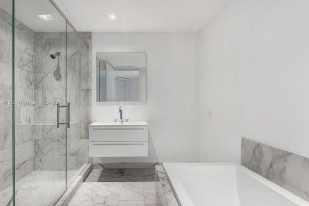 Bathroom, Glass Shower, Interior, Marble, Marble Walls, Recessed Lighting