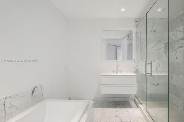 Bathroom, Glass Shower, Interior, Marble, Marble Walls, Recessed Lighting