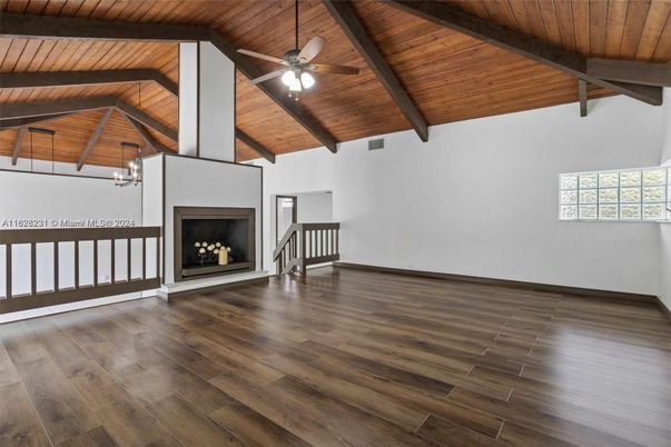 Empty room, Fireplace, Interior, Wooden Beams, Wooden Ceilings, Wood Texture Flooring
