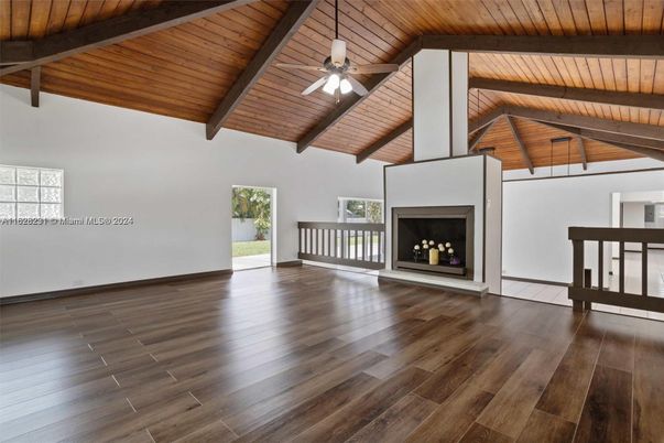 Empty room, Fireplace, Interior, Wooden Beams, Wooden Ceilings, Wood Texture Flooring