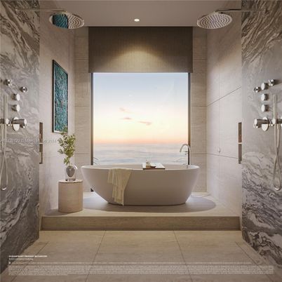 Bathroom, Free Standing Baths, Interior, Marble Walls, Recessed Lighting, Water