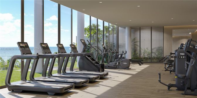 Fitness Equipment, Gym, Interior, Recessed Lighting, Water, Wood Texture Flooring