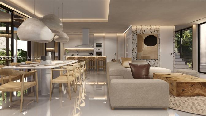 Dining room, Interior, Kitchen, Living room, Pendant Lights, Stainless Steel Appliances