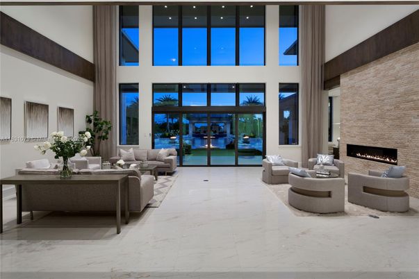 Fireplace, Interior, Living room, Marble, Recessed Lighting, Stone Walls
