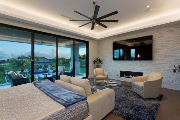 Fireplace, Interior, Living room, Recessed Lighting, Stone Walls, Wood Texture Flooring