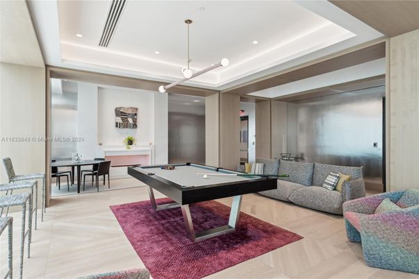 Billiard Table, Game Room, Interior, Pendant Lights, Recessed Lighting, Wood Texture Flooring