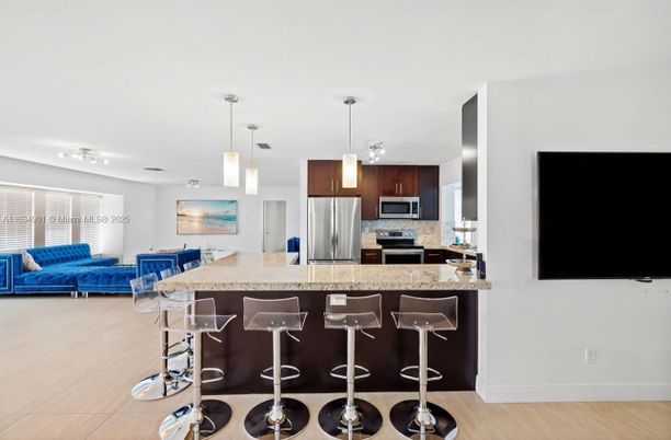 Interior, Kitchen, Pendant Lights, Stainless Steel Appliances, Wood Texture Flooring