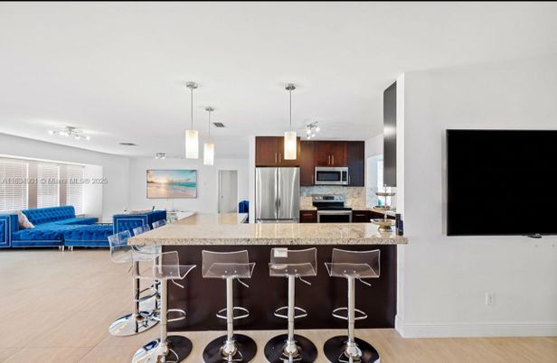 Interior, Kitchen, Living room, Pendant Lights, Stainless Steel Appliances, Wood Texture Flooring