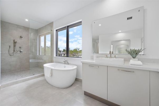 Bathroom, Dual Sink Vanities, Free Standing Baths, Glass Shower, Interior, Recessed Lighting