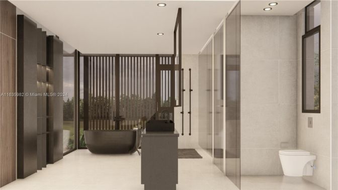 Bathroom, Free Standing Baths, Glass Shower, Interior, Recessed Lighting