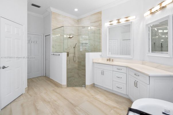 Bathroom, Dual Sink Vanities, Glass Shower, Interior, Recessed Lighting