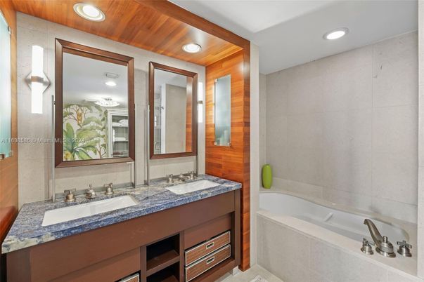 Bathroom, Dual Sink Vanities, Interior, Recessed Lighting, Wooden Ceilings, Wooden Walls