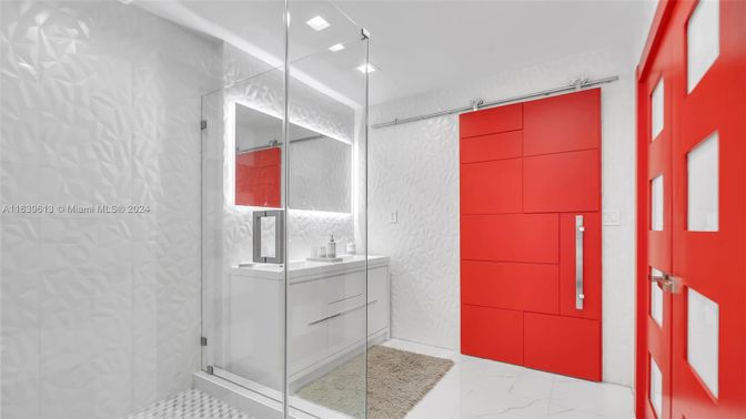 Bathroom, Glass Shower, Interior, Marble, Recessed Lighting