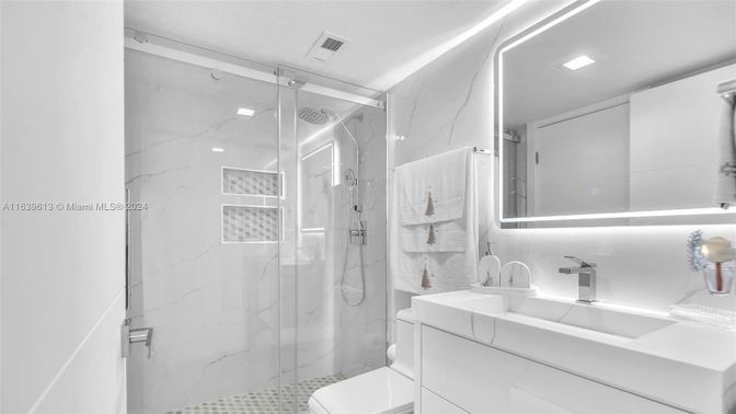 Bathroom, Glass Shower, Interior, Marble Walls, Recessed Lighting