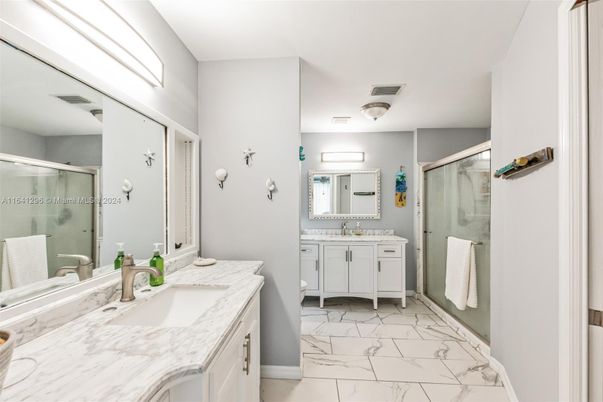 Bathroom, Dual Sink Vanities, Glass Shower, Interior, Marble