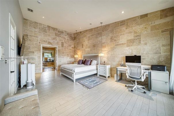 Bedroom, Home Office, Interior, Recessed Lighting, Stone Walls, Wood Texture Flooring
