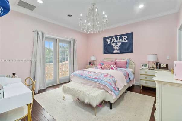 Bedroom, Chandelier, Interior, Recessed Lighting, Wood Texture Flooring