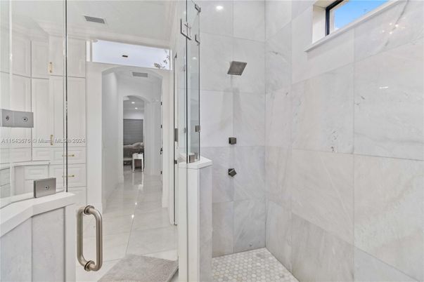 Bathroom, Glass Shower, Interior, Marble Walls, Recessed Lighting