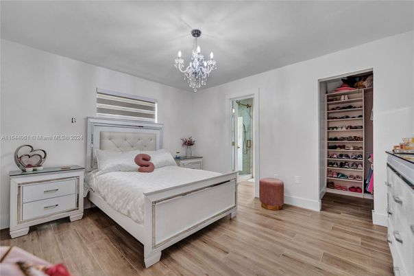 Bedroom, Chandelier, Interior, Wood Texture Flooring