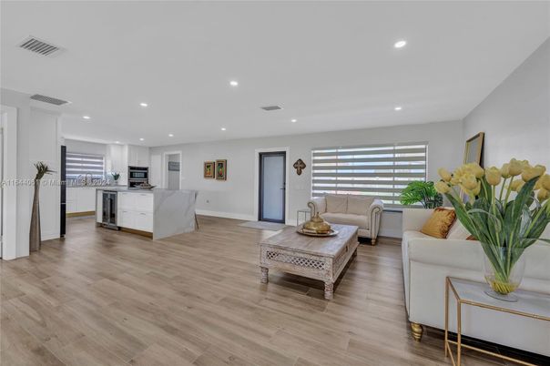 Interior, Kitchen, Living room, Recessed Lighting, Stainless Steel Appliances, Wood Texture Flooring