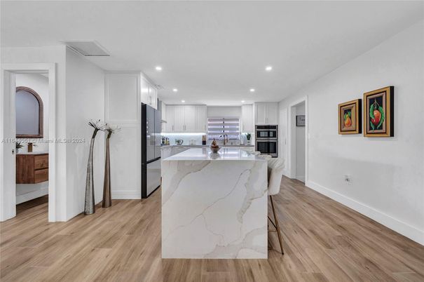 Interior, Kitchen, Recessed Lighting, Stainless Steel Appliances, Wood Texture Flooring