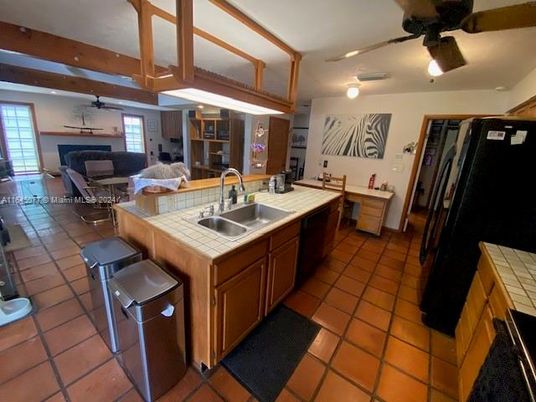 Interior, Kitchen, Living room, Recessed Lighting, Tile Countertops, Wooden Beams