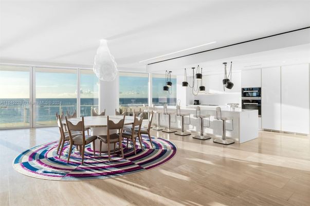 Dining room, Interior, Kitchen, Pendant Lights, Stainless Steel Appliances, Water, Wood Texture Flooring